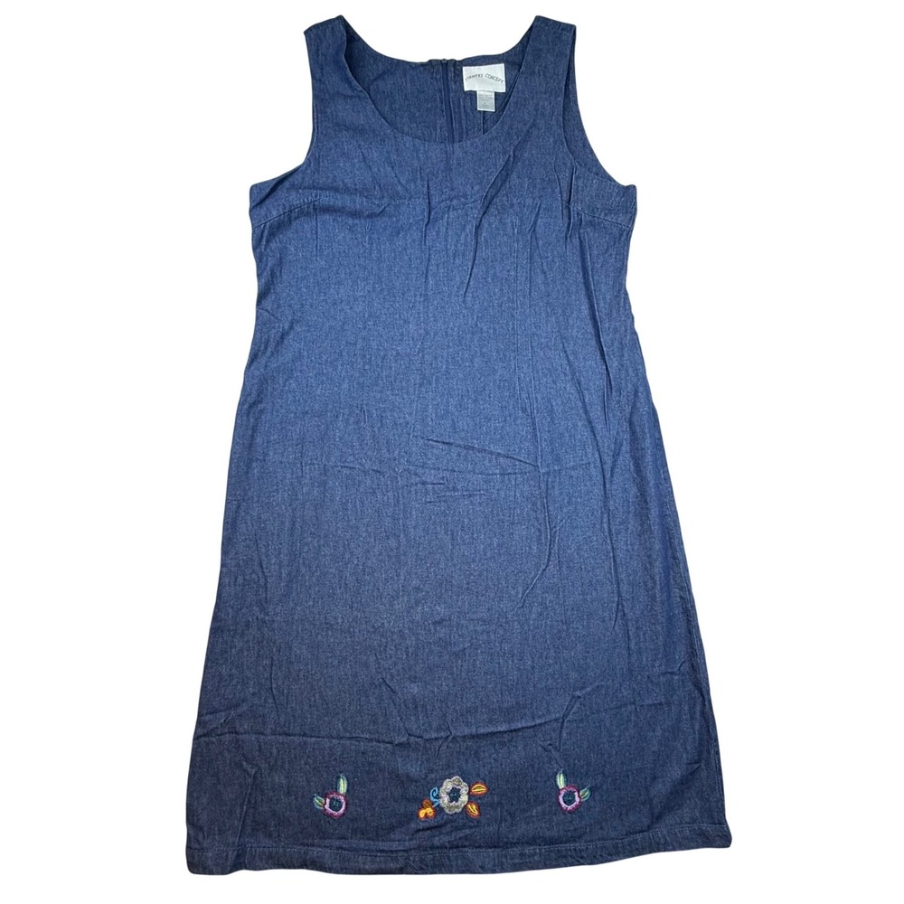 Country Concept Blue Denim Embroidered Floral Sleeveless Midi Dress XL Y2K 90s‎